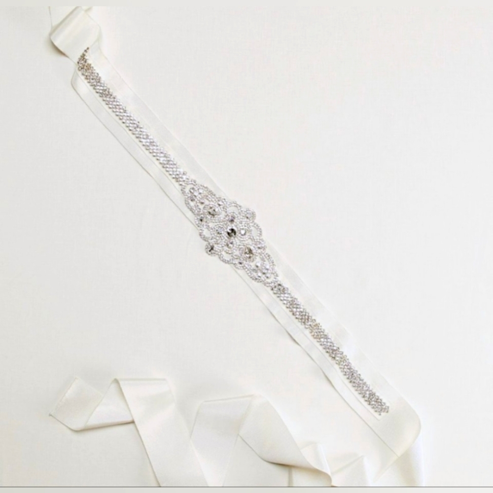 David's Bridal Grosgrain Sash W/Linear Rhinestone Beaded Design•S1058•Ivory•OS👰
